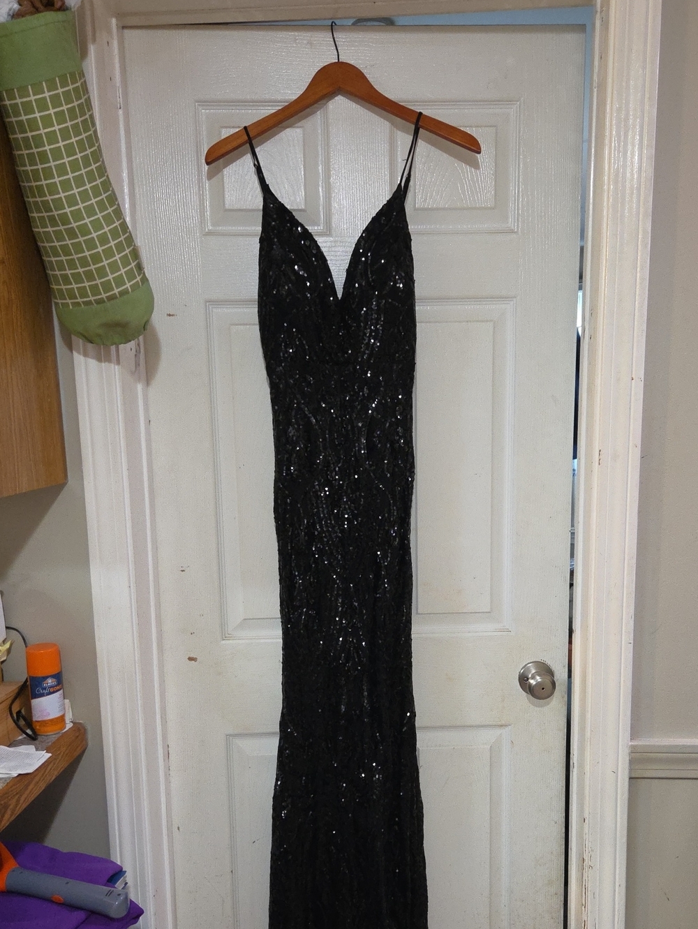 Black Sequin V-Neck Spaghetti Strap Evening Dress